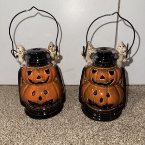 Halloween Pumpkins Jack O' Lantern Ceramic Tea Candle Lantern Ghosts Set Of 2